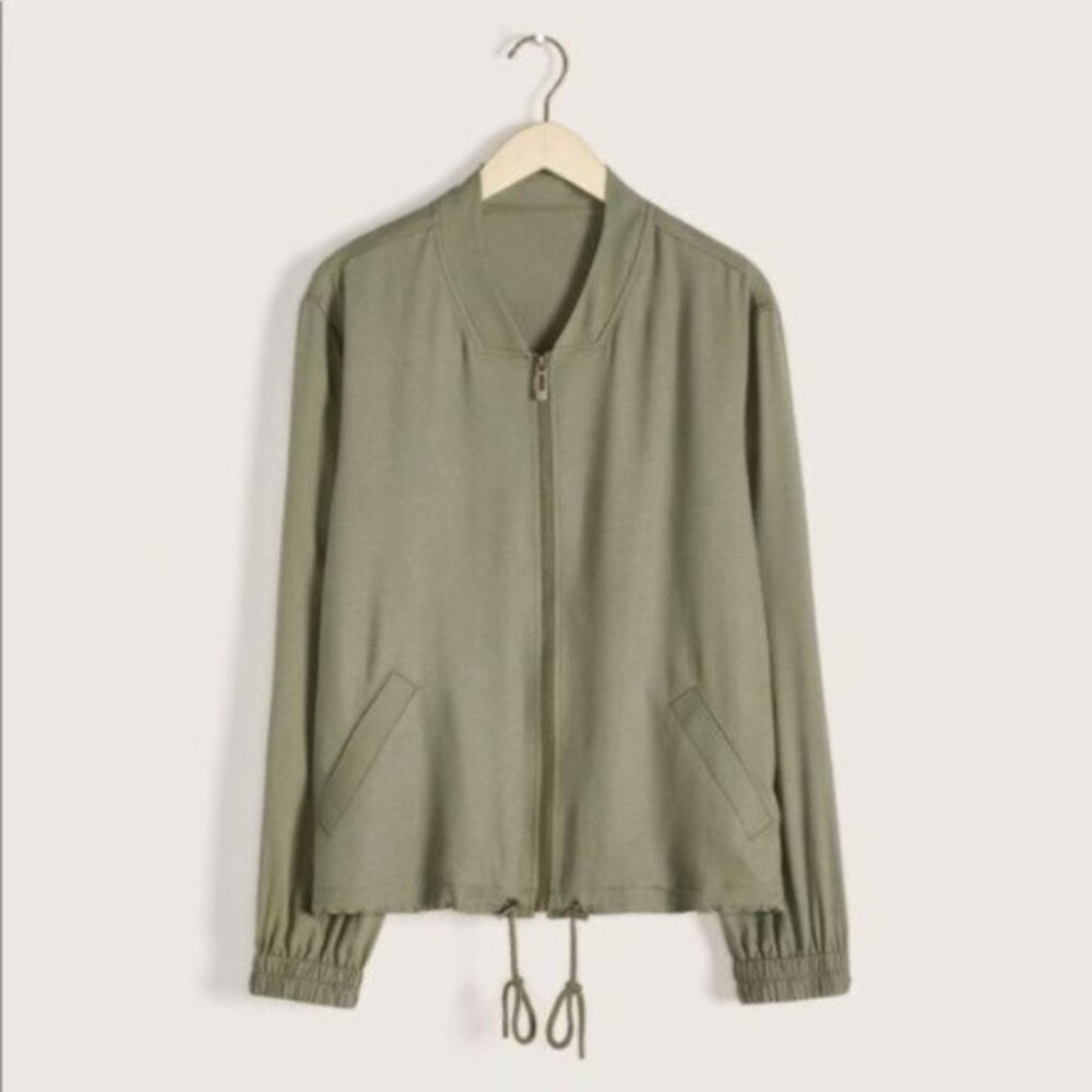 Addition Elle Women Dusty Green Solid Cropped Bomber Jacket Plus Size 2X